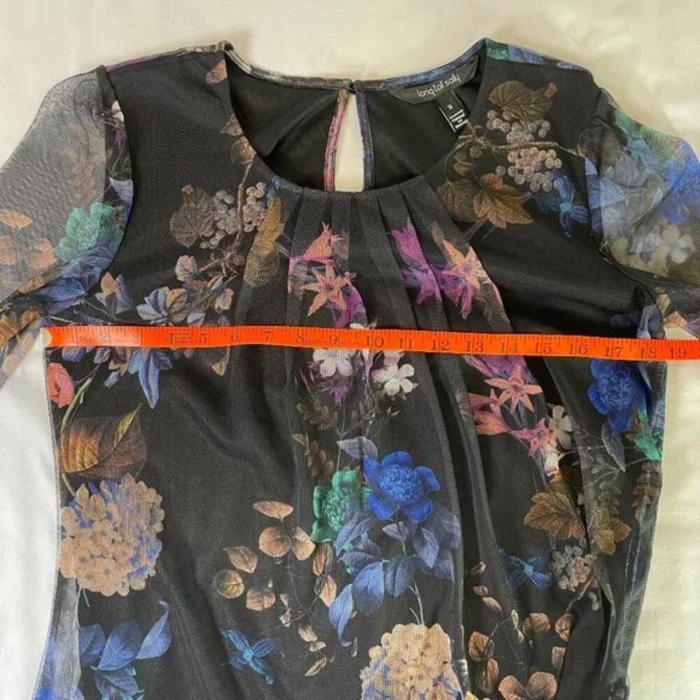 Long Tall Sally Sheer Floral Top Lined Side Ruching Long Sleeves Size S / M TALL - Picture 6 of 10